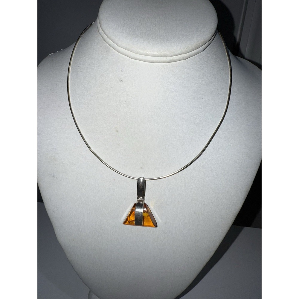 Sterling Silver 925 Modernist Dangle Triangle Amber Pendant Necklace